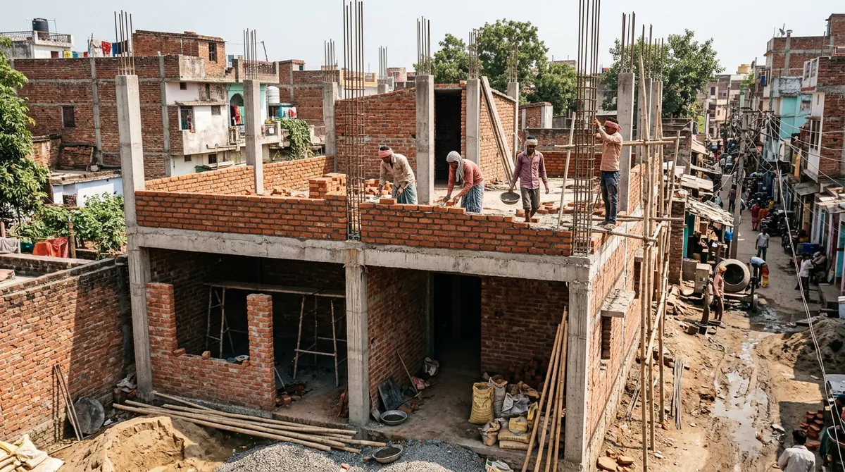 Indian residential house construction site showing concrete slab columns and brickwork